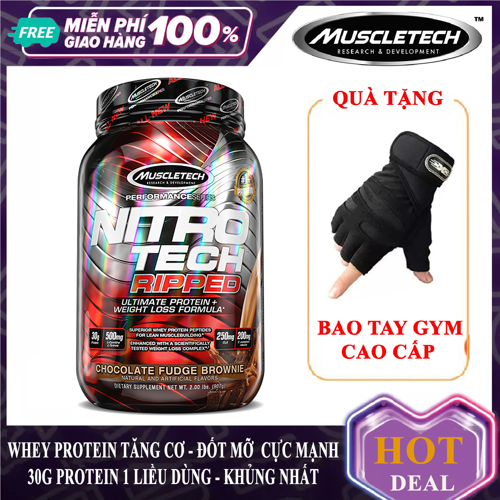 [TẶNG BAO TAY] Sữa tăng cơ Whey Protein Nitro Tech Ripped của Muscle Tech hộp 21 lần dùng hương Chocolate hỗ trợ tăng cơ giảm cân, giảm mỡ bụng mạnh mẽ, tăng sức bền sức mạnh, phục hồi cơ nhanh chóng