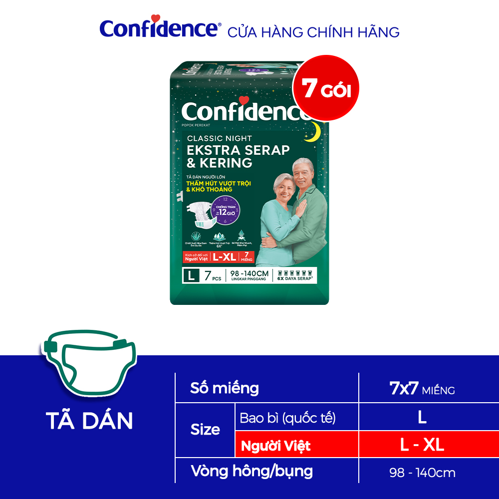 Thùng 7 gói Tã dán ngưới lớn Confidence Thấm Hút Vượt Trội  Khô Thoáng L XL 7