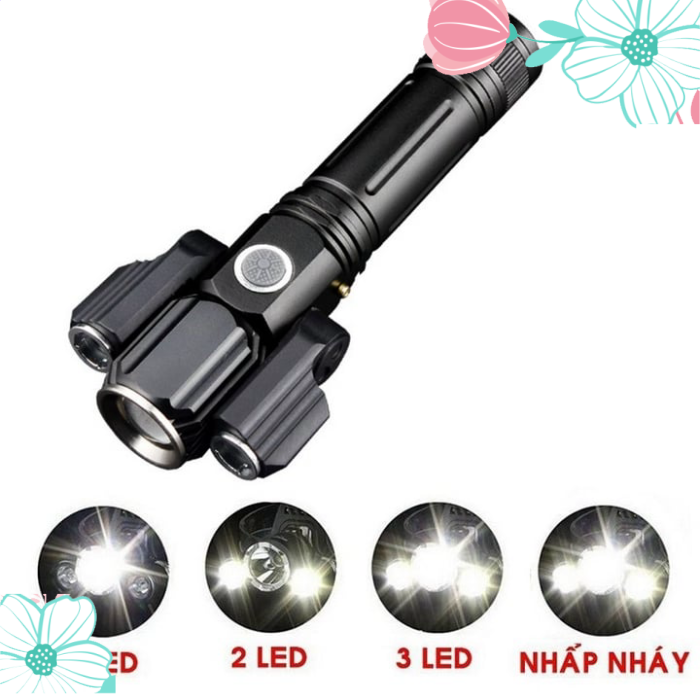 Đèn pin cầm tay 3 pha 3 bóng led siêu sáng xoay 360 độ, đèn led siêu sáng 3 bóng chống nước