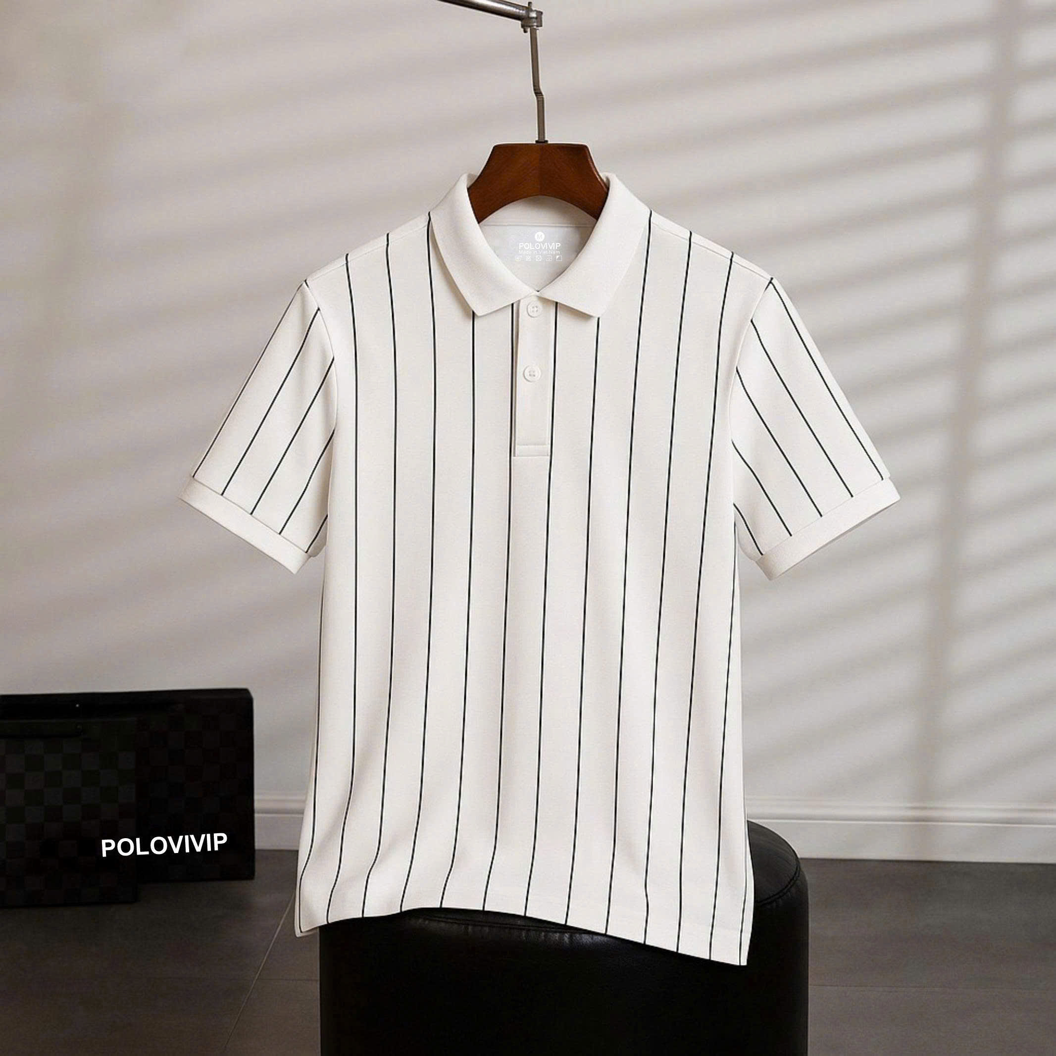 Men's Polo Shirt with Vertical Stripes Printed Polovivip - Soft, Smooth, Cool Crocodile Material, 4-Way Stretch, Anti-Wrinkle.