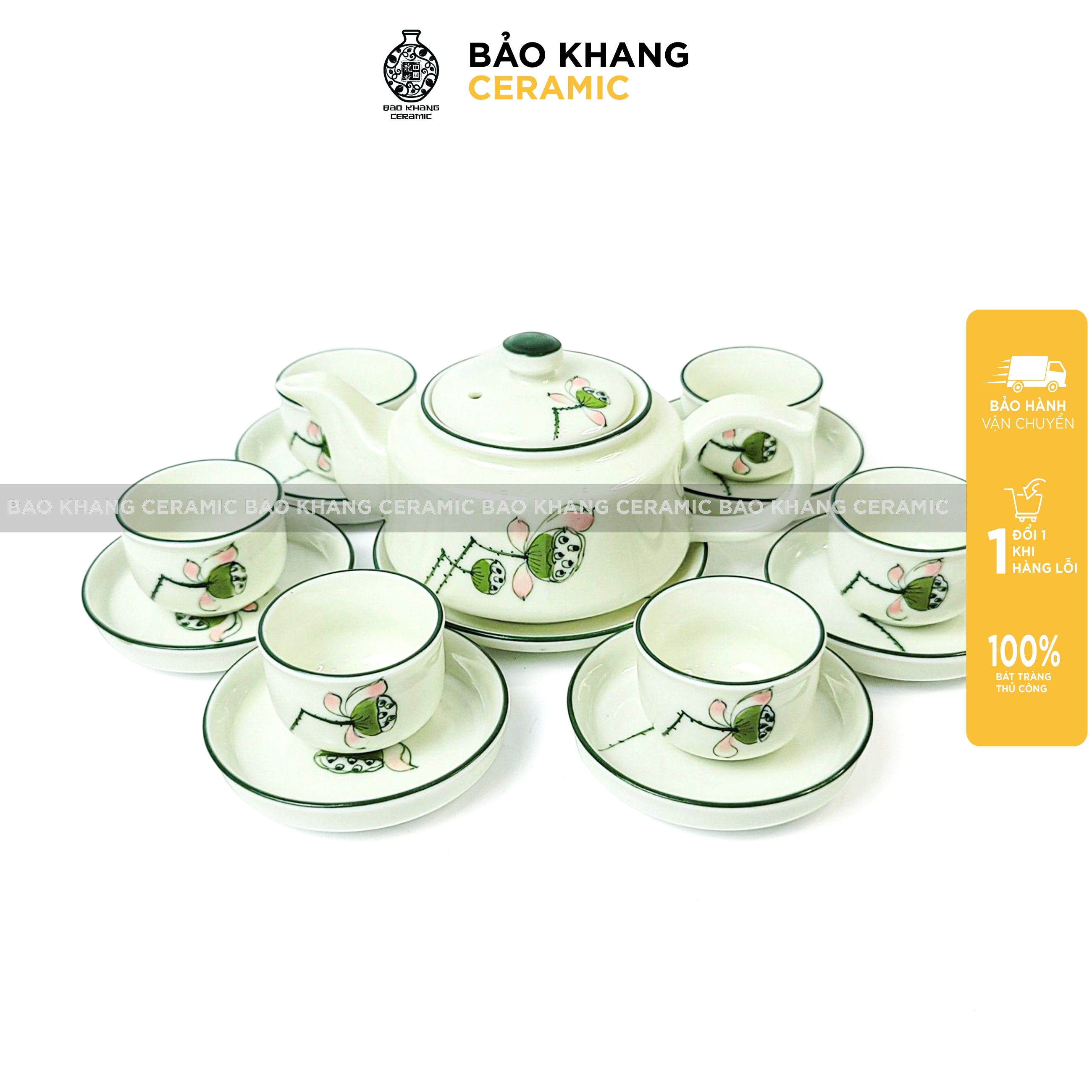 Bộ ấm trà men kem hoạ tiết vẽ tay sen xanh hoa đào tách trà chén sứ bát tràng cao cấp nhiều mẫu