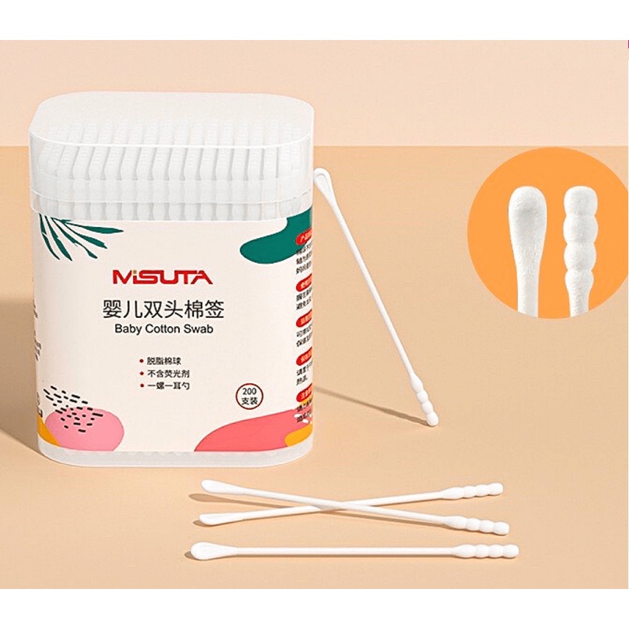 Tăm Bông thân giấy 2 đầu MISUTA Cho Bé Sơ Sinh Tăm Bông Ngoáy Tai Hộp 200c Smart Baby