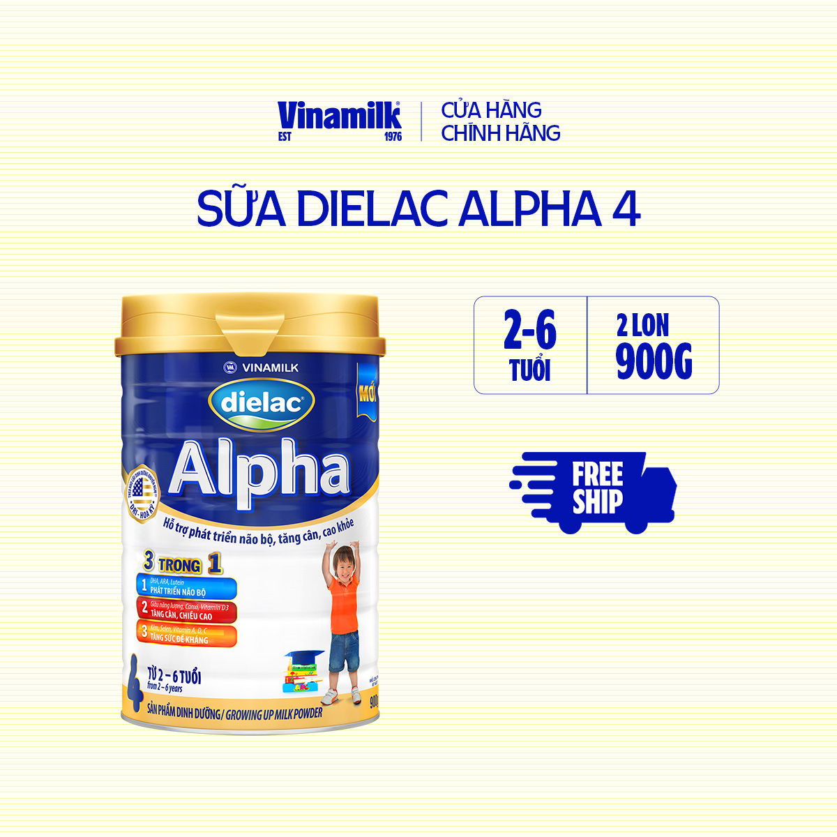 2 Hộp Sữa bột Vinamilk Dielac Alpha 4 - Hộp thiếc 900g (cho trẻ từ 2- 6 tuổi) - Sữa công thức 3 trong 1 hỗ trợ phát triển não bộ, tăng cân chiều cao, tăng sức đề kháng