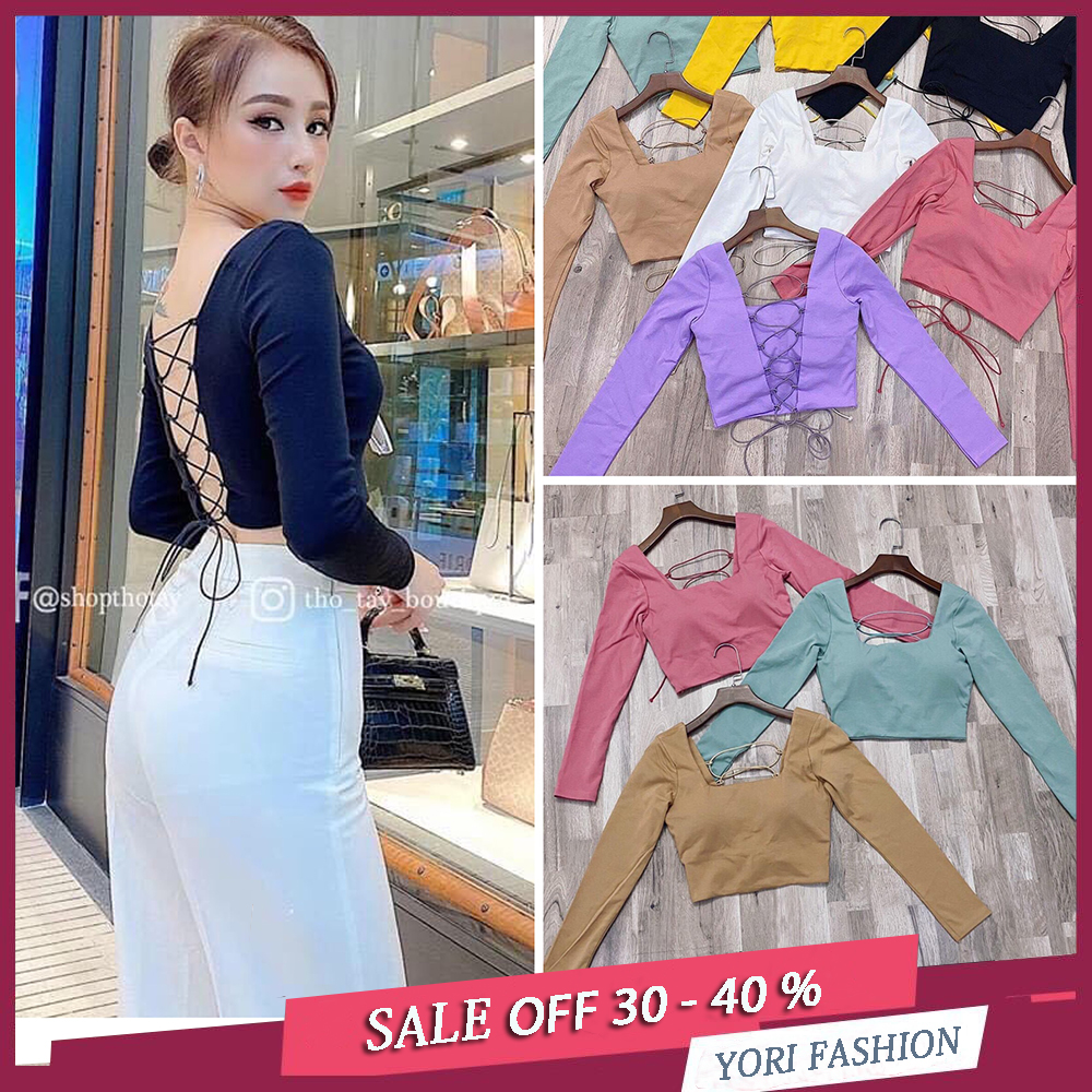Áo Thun Tay Dài Đan Dây Sau Lưng, Áo Croptop Cổ Vuông Tay Dài, Áo Croptop Đan Dây Sau Lưng Thun Borip Co Giãn TT15