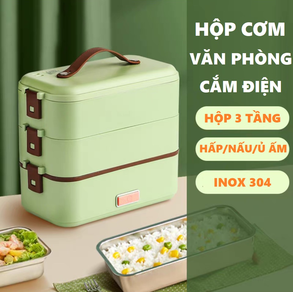 Hộp cơm văn phòng cắm điện CÁT Á 3 tầng lõi inox 304 đựng thức ăn cao cấp