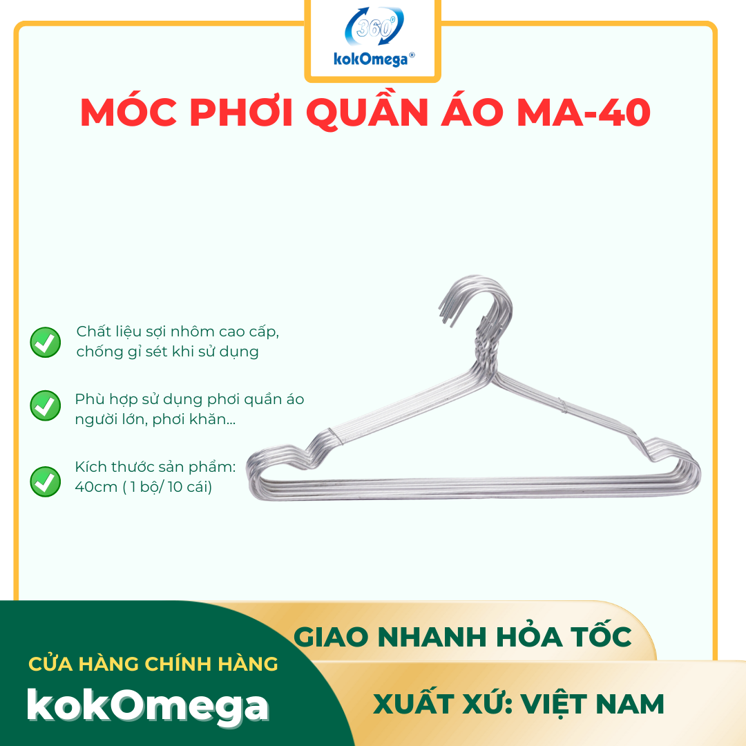 Bộ 10 Móc Áo Nhôm kokOmega Đa Kiểu ( MA-40)