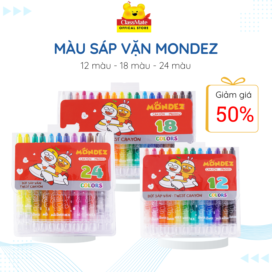 Bút Sáp Vặn Mondez 12/18/24 Màu Loại Ngắn, Màu Chuẩn, Sinh Động, Tươi Sáng, Chất Liệu An Toàn Cho Bé M60001/60002/60003