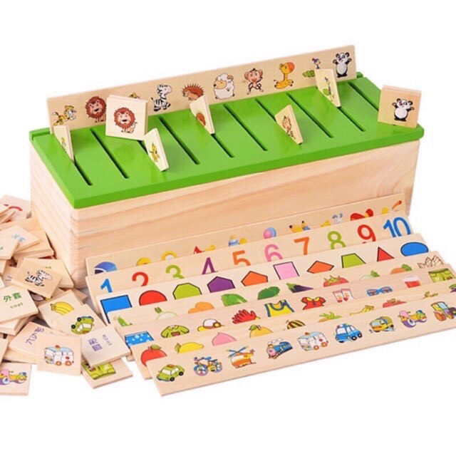 Hộp thả hình 80 thẻ bằng gỗ - 8 chủ đề cho bé học nhận biết - Smart baby