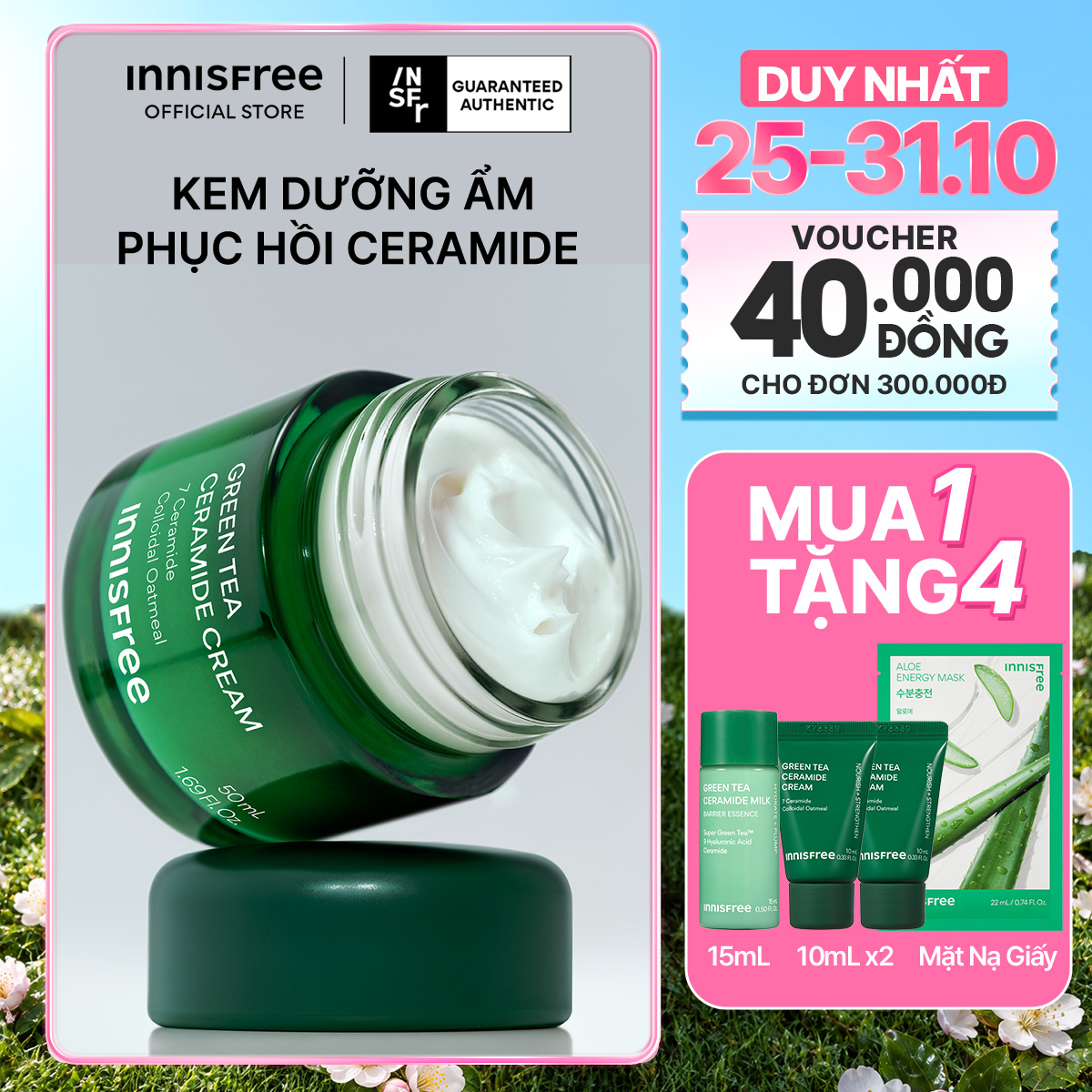 Kem dưỡng cấp ẩm, phục hồi INNISFREE Green Tea Ceramide Cream 50ML