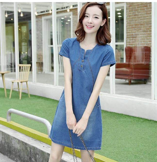 Đầm Jean Cộ V Nẹp Viền Phối Túi