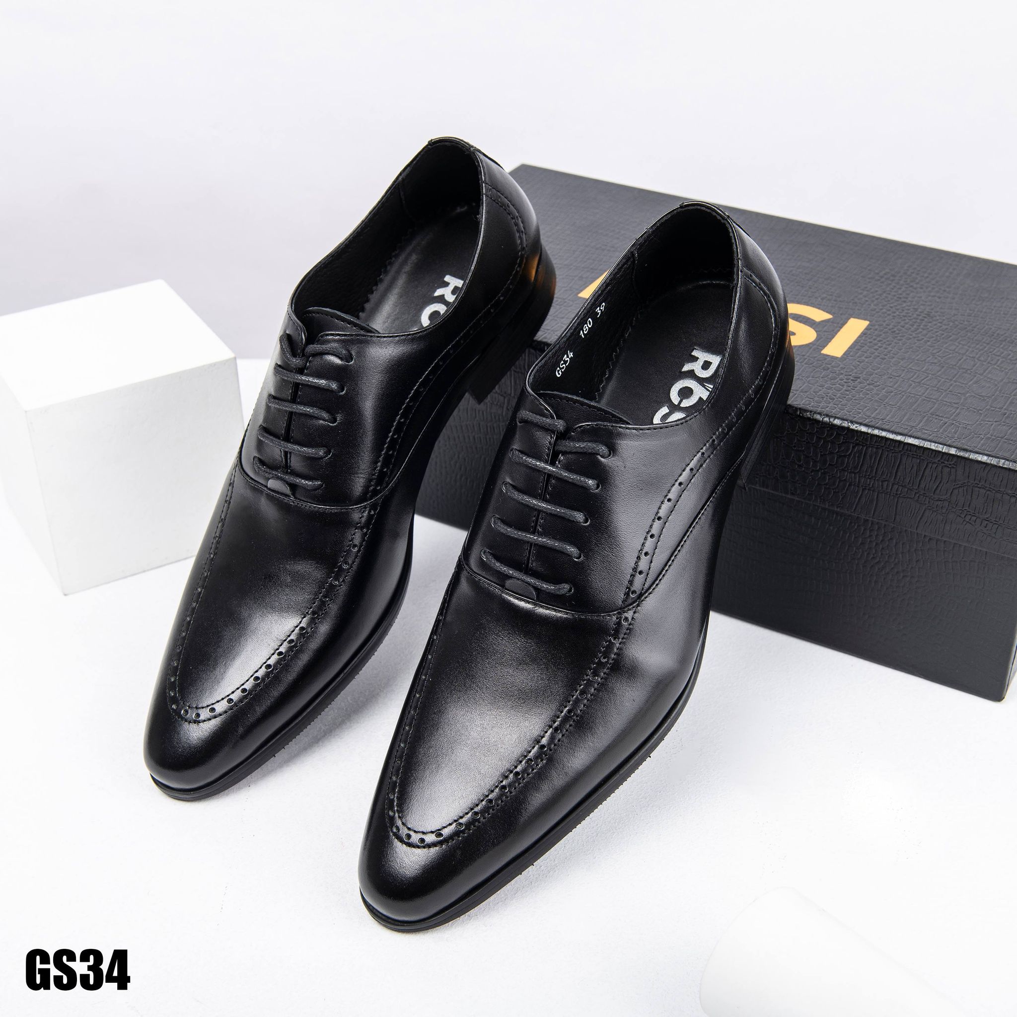 Giày tây buộc dây công sở nam Rosi GS34 da bò màu đen đế PHÍP (PHÁP) cao cấp mũi tròn họa tiết đục lỗ