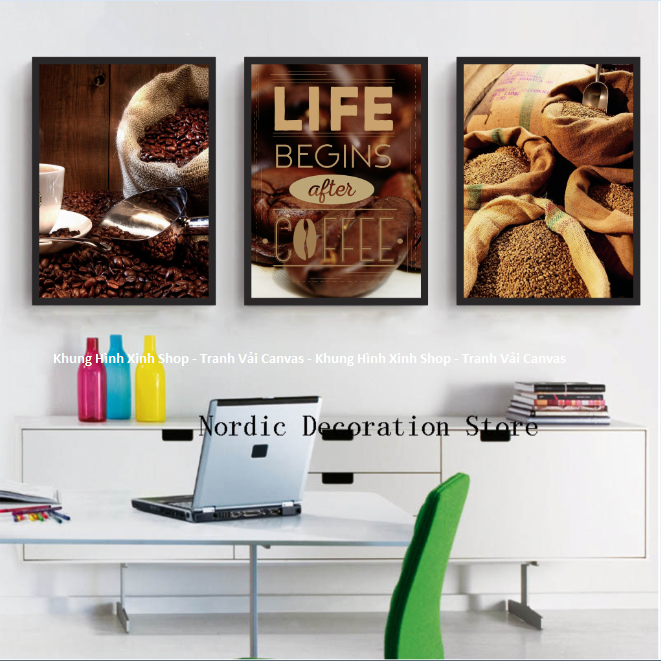 Bộ 3 Khung Tranh Treo Tường Nghệ Thuật In Canvas - CAFE - Kèm khung - 3 bức 40x60cm