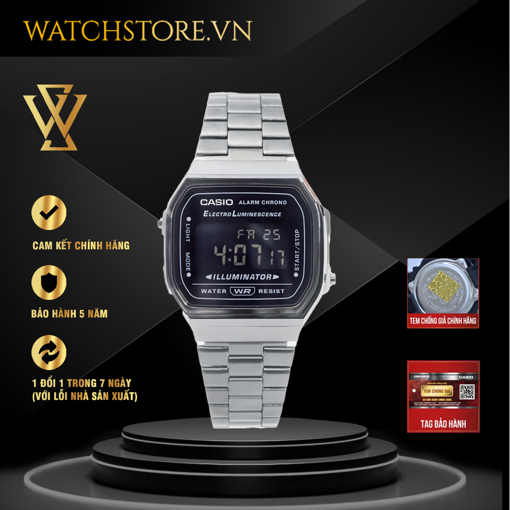 Đồng hồ điện tử nam casio chính hãng watchstore a168wgg-1bdf thiết kế mặt kính nhựa 36.5mm, vỏ nhựa, dây kim loại bền bỉ