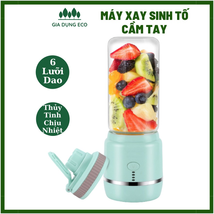 Máy Xay Sinh Tố Cầm Tay Mini 6 Lưỡi Inox SUS304 Thủy Tinh Chịu Nhiệt [TẶNG KÈM 6 PHỤ KIỆN]