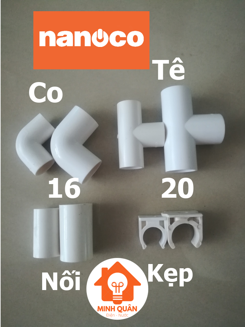 Co trắng, tê trắng, nối trắng, kẹp ống trắng luồn dây điện 16, 20mm nanoco, phụ kiện ống trắng luồn dây điện