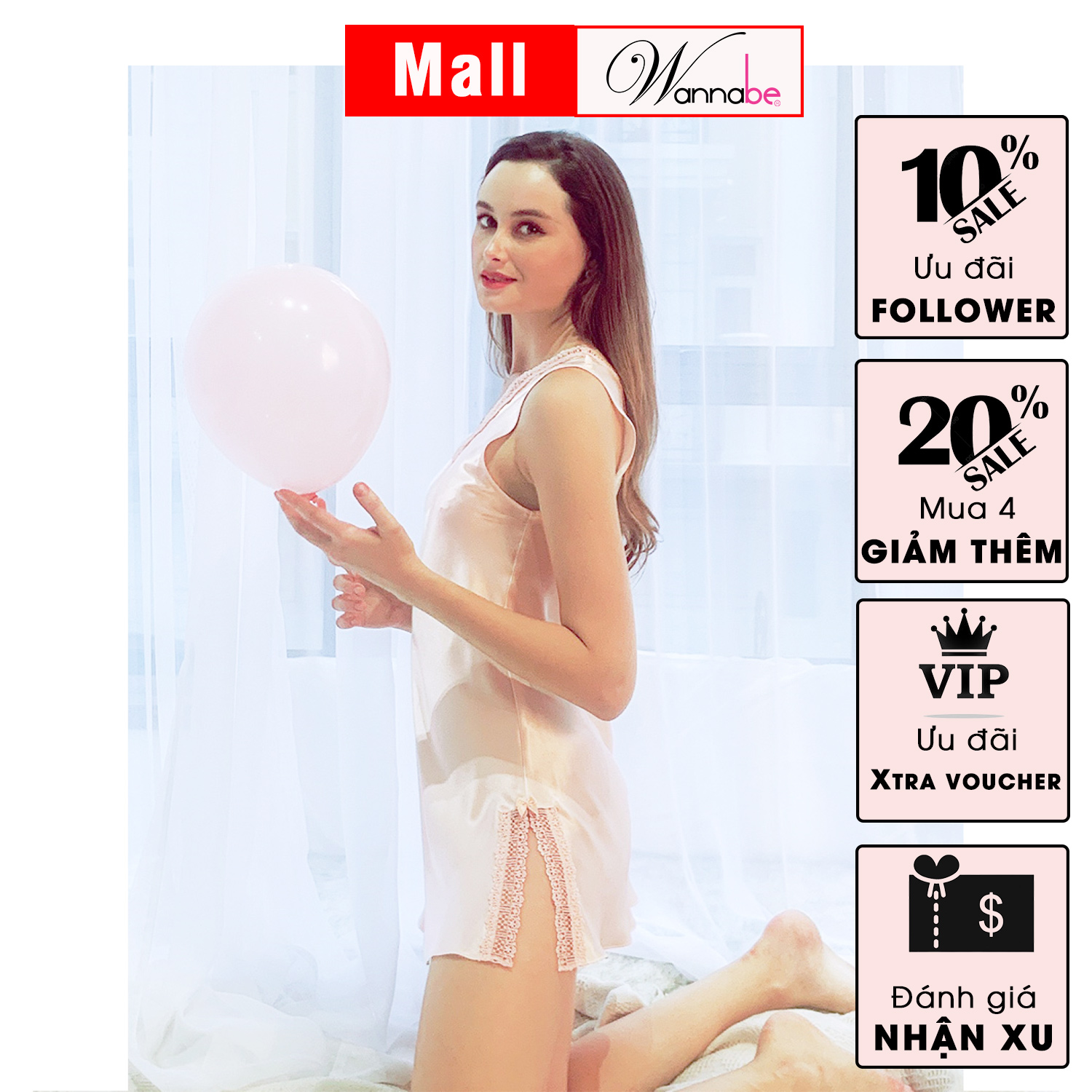 Đầm ngủ phi lụa wannabe dns11 cổ tim phối ren nữ tính nhẹ nhàng
