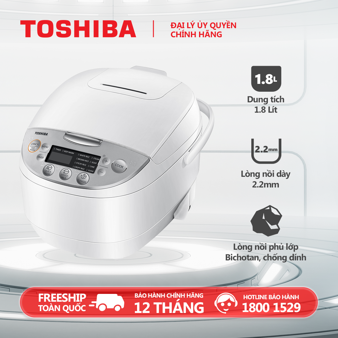 Nồi cơm điện tử Toshiba RC-18DH2PV(W) - 1.8L - Phù hợp 4-6 người - Lòng nồi dày 2.2mm chống dính - 11 chương trình nấu tự động - Hàng chính hãng bảo hành 12 tháng chất lượng Nhật Bản