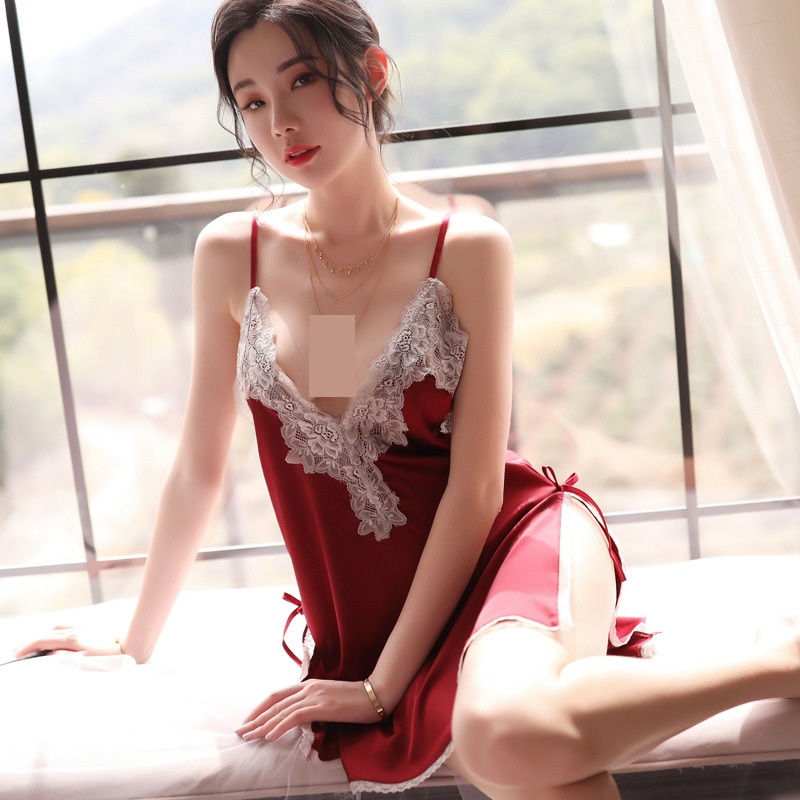 Váy ngủ 2 dây cosplay sexy chất liệu phi lụa cao cấp phối ren vạt xẻ, đầm ngủ sexy gợi cảm vl1400 TKVN