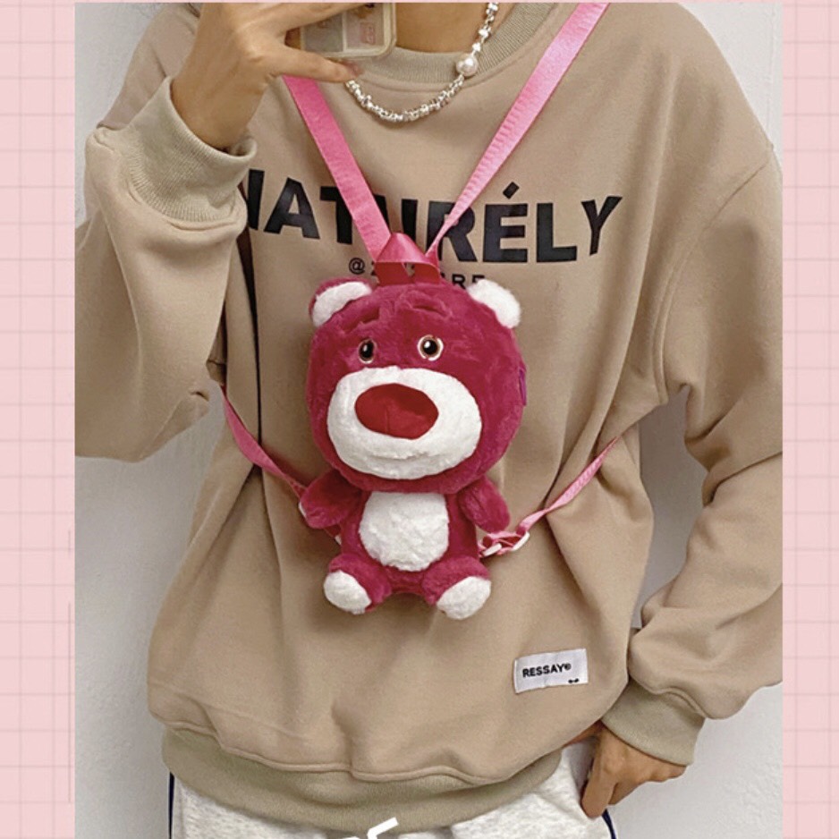 Ba lô nhồi bông gấu dâu lotso - ba lô đeo vai hình gấu hồng xinh xắn