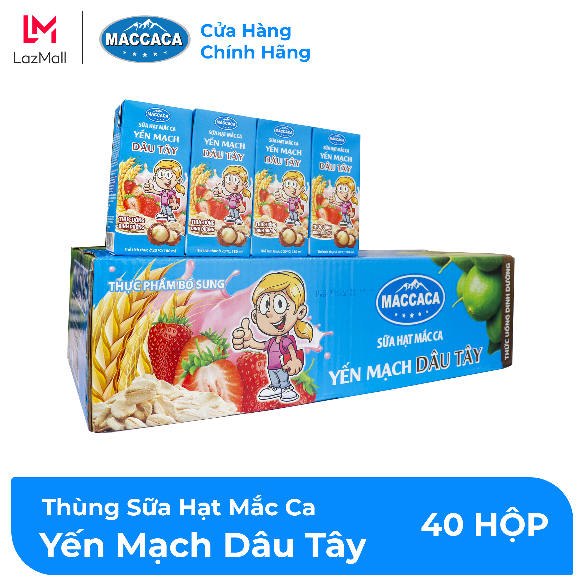 Maccaca | Thùng 40 hộp sữa hạt Mắc Ca Yến Mạch Dâu Tây