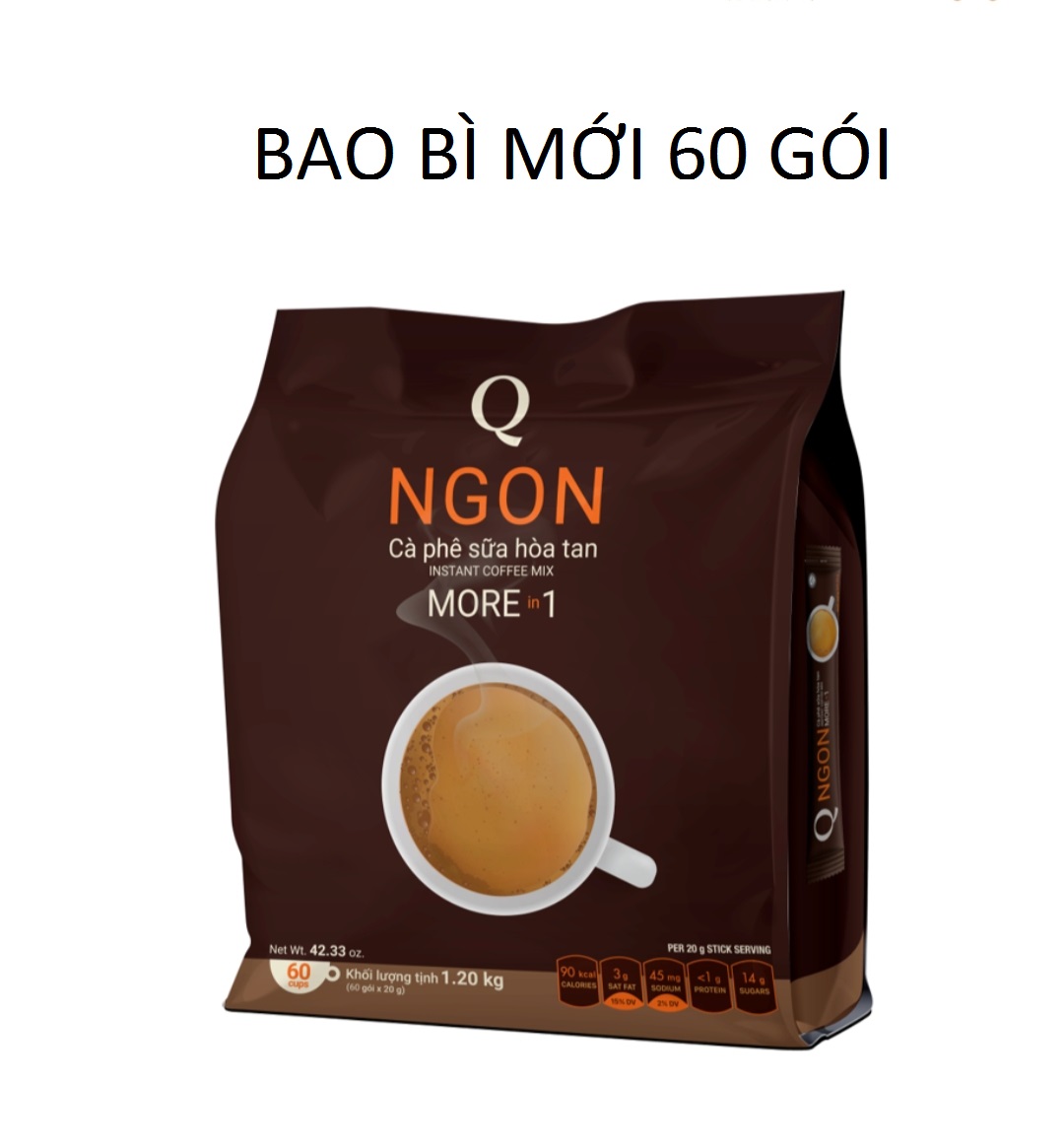 Cà phê sữa Ngon Trần Quang bịch lớn 1.2Kg (60 gói dài * 20g) Instant Coffee mix 3 in 1