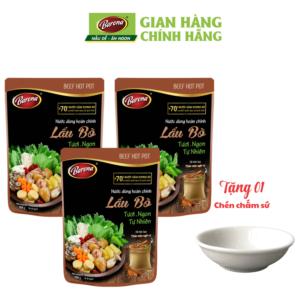 Combo 3 Gói Nước dùng Lẩu Bò Barona 164g, tặng chén chấm sứ