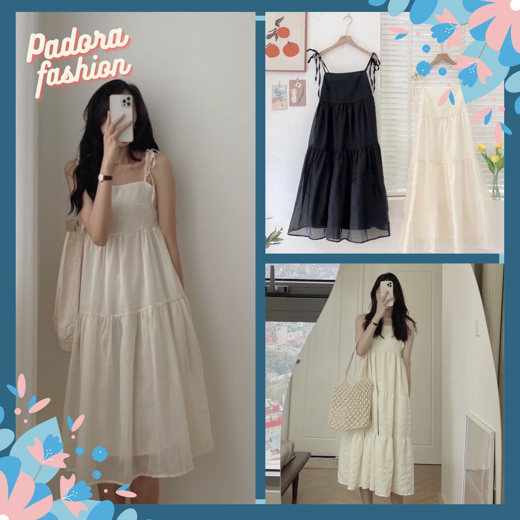 Váy 2 dây nữ phong cách Hàn Quốc váy maxi buộc nơ vai chất đũi lụa mềm dáng xòe nhẹ nhàng nữ tính mặc đi du lịch đi biển Padora-V660