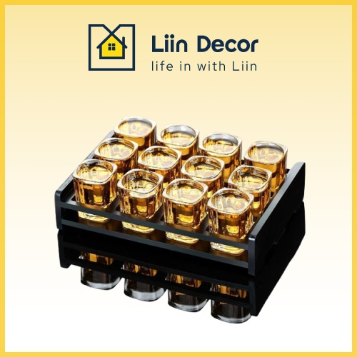 Set 12 cốc rượu kèm khay, set cốc rượu thuỷ tinh khay gỗ, set ly rượu thủy tinh liin decor