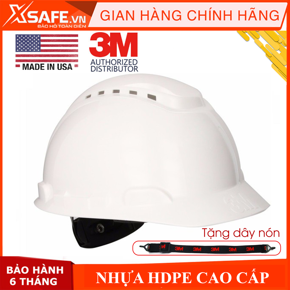 Mũ bảo hộ 3M H701VNón bảo hộ nhựa HDPE siêu cứng khóa vặn lỗ thông khí dây nón co giãn lồng nón 4 chấu điều chỉnh được độ cao