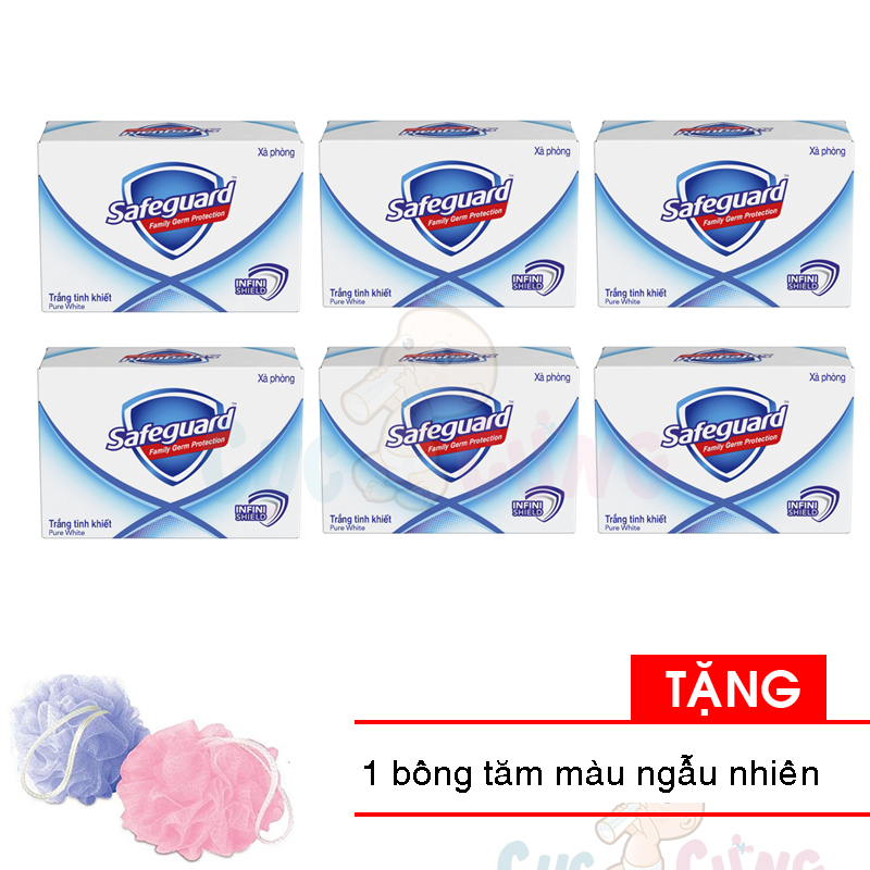 Set 6 xà bông cục - cục xà phòng Safeguard Pure White diệt khuẩn 125g/cục Tặng 1 bông tắm màu ngẫu nhiên