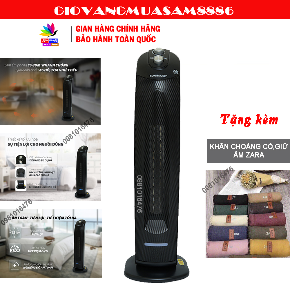Quạt sưởi điện ceramic sunhouse shd7071 + tặng khăn choàng cổ mùa đông