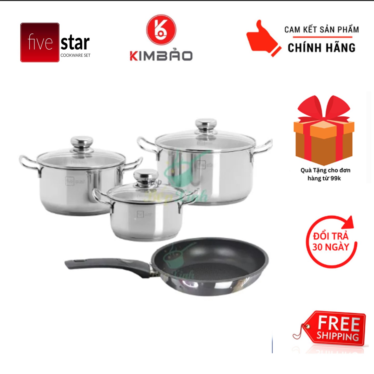 Bộ nồi inox và chảo chống dính Fivestar 4 món nắp kính , 3 đáy dùng được mọi bếp