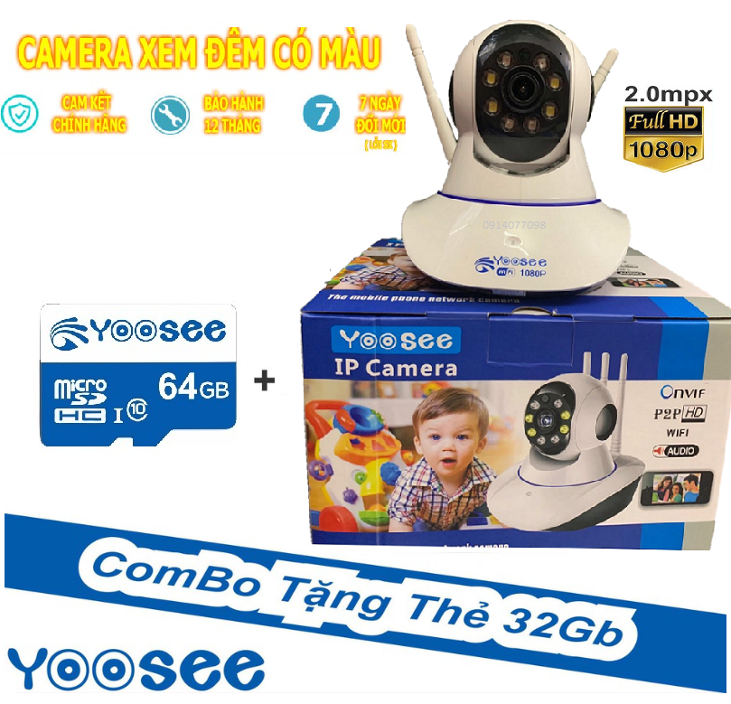 [COMBO] Camera Wifi YooSee 3 Anten HD Ban Đêm Có Màu + Thẻ 64 GB