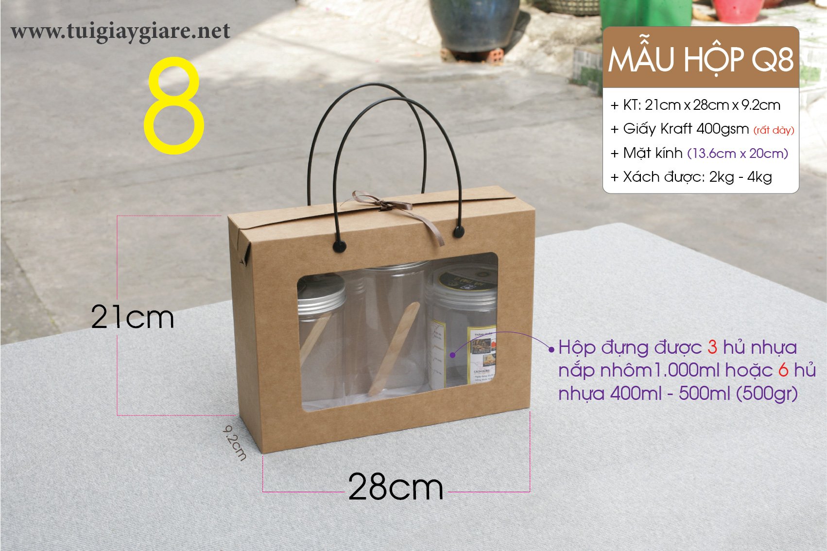 25 cái Hộp Q8 kraft - Hộp giấy kraft đựng quà tết – bánh mứt ,Thực phẩm, 3 hủ nhựa 1 lít