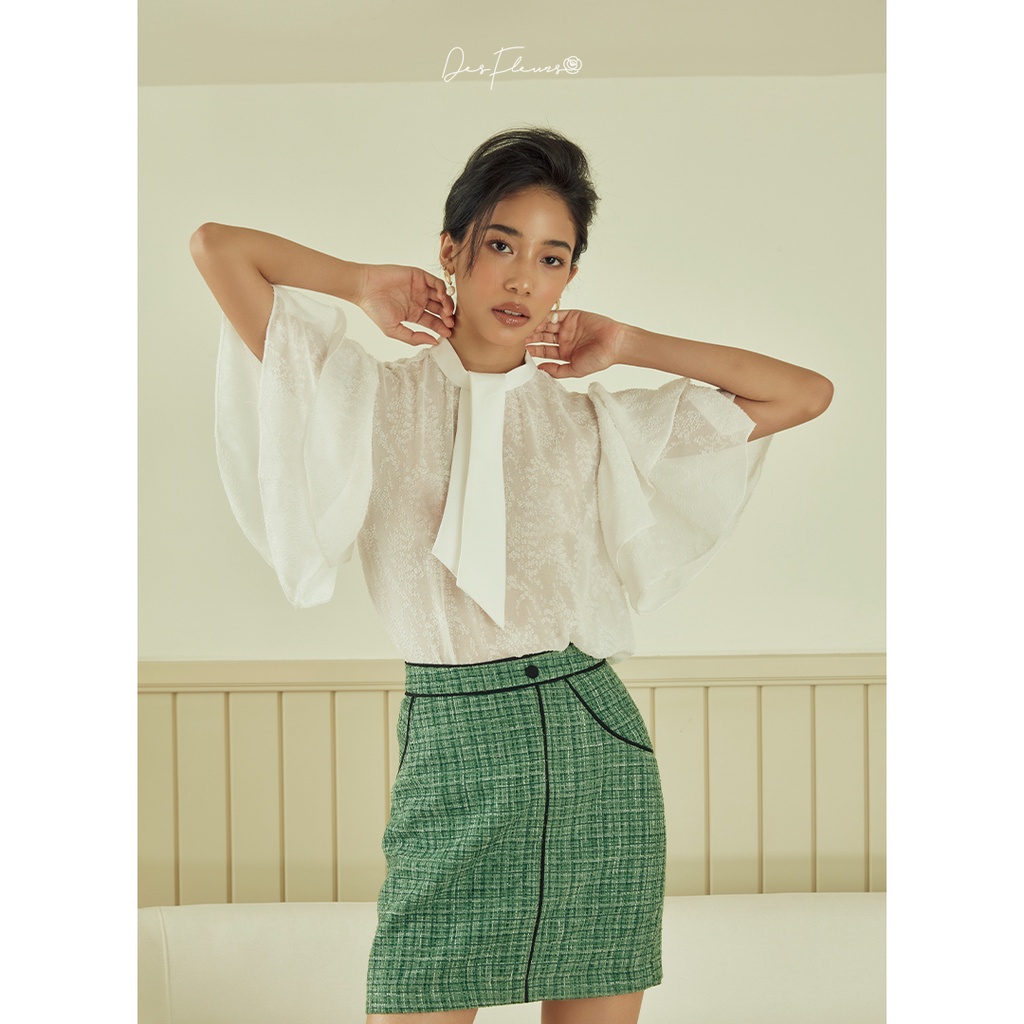 Des Fleurs - Chân váy ngắn tweed xanh lá Jolly