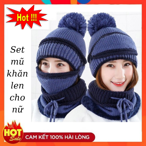 Set khăn,mũ vầ khẩu trang len cho nữ,Bộ mũ len và khăn ống dành cho nữ cực đẹp ấm áp cho những ngày đông lạnh giá