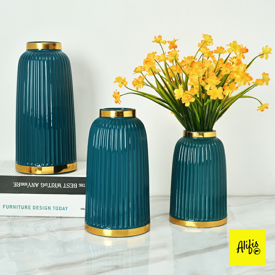 Bình hoa, lọ hoa gốm hình trụ viền vàng cao cấp trang trí phòng khách