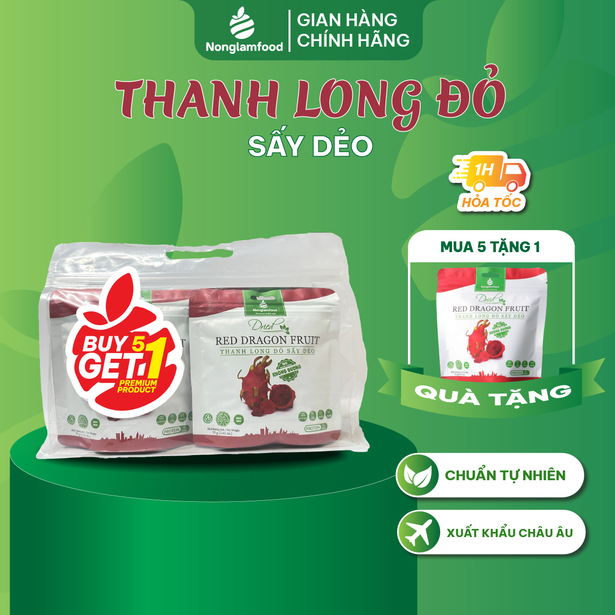 [Mua 5 tặng 1] Combo 5 túi Thanh Long KHÔNG ĐƯỜNG đỏ sấy dẻo Nonglamfood túi 75g | Ăn vặt tốt cho sức khỏe | Healthy Snack | Ăn vặt văn phòng