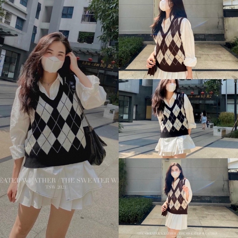 Áo gile len quả trám cổ V 2 màu đen nâu sang chảng dễ mix đồ. Áo gile điệu HOT TREND