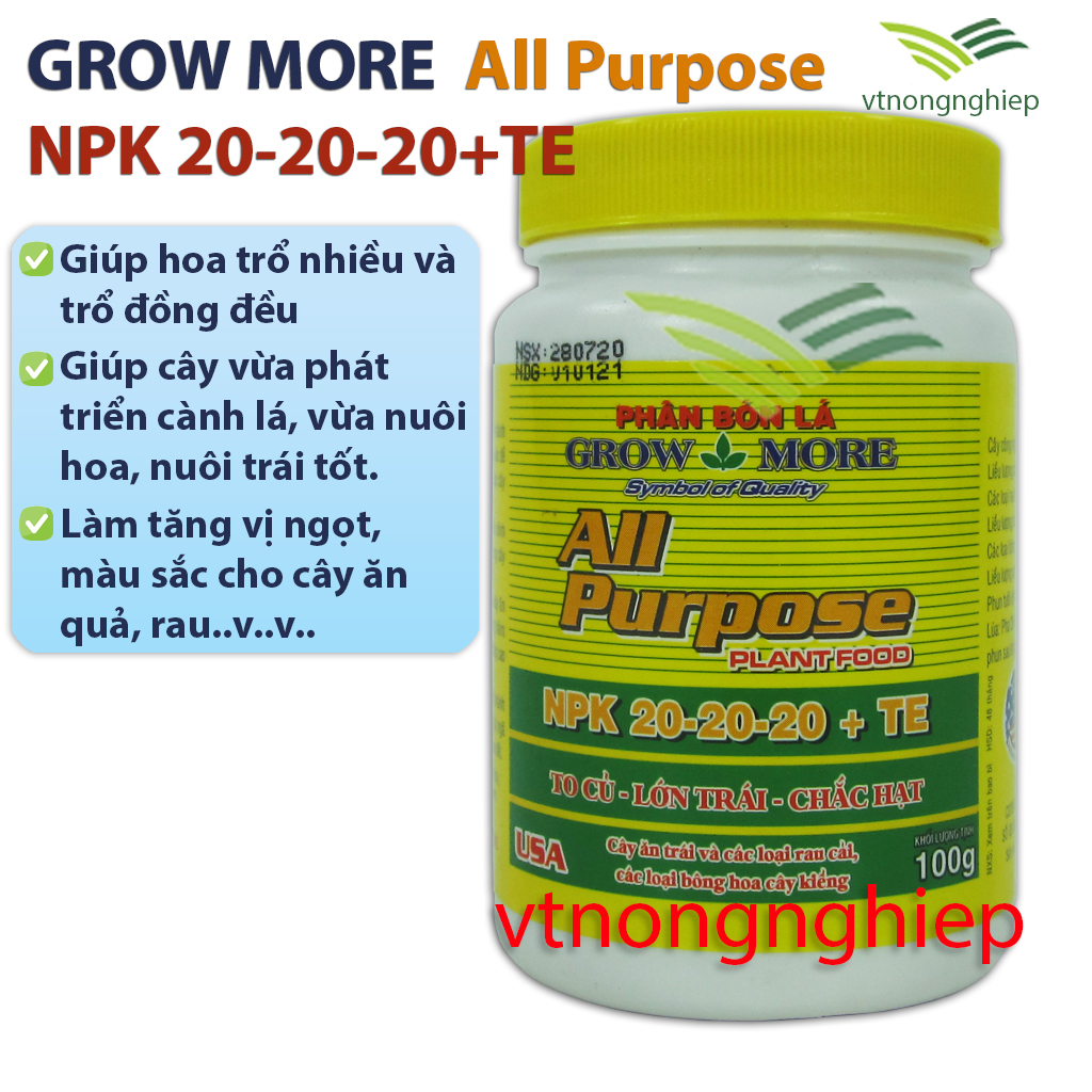 Phân bón lá Grow More, npk 20-20-20+te, lọ 100g, phát triển cành lá, nuôi hoa, dùng cho hoa lan, cây cảnh, cây trồng, cây kiểng lá