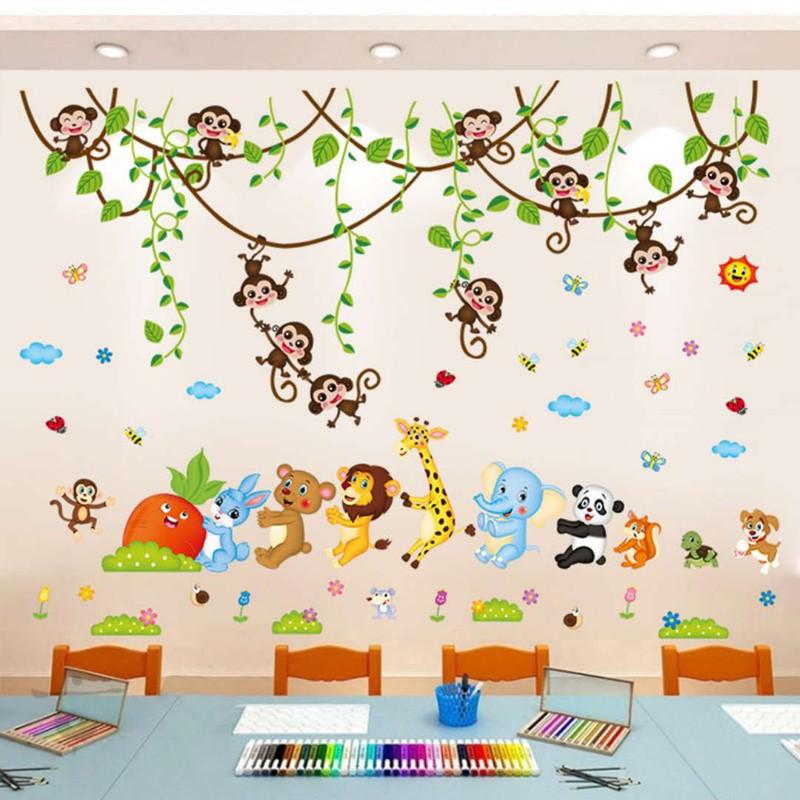 Combo 2 bức decal dán tường thú nhổ cà rốt và khỉ leo cây
