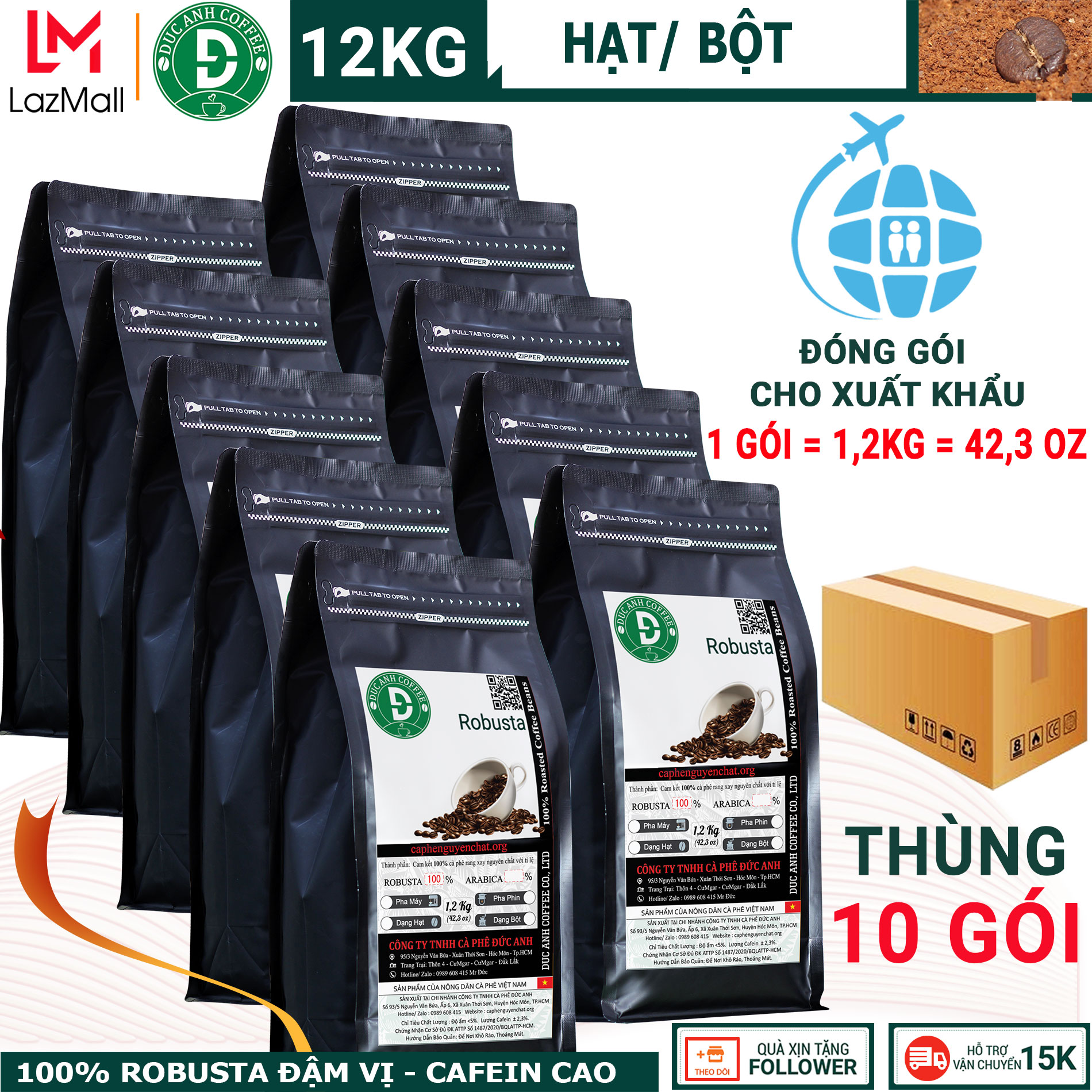Thùng 12kg cà phê rang mộc 100% robusta dùng pha phin, pha máy - đậm, mạnh, hậu ngọt,cafein cao, thương hiệu cafe duc anh coffee - cà phê đức anh - top ban chay - cafe hạt pha phin