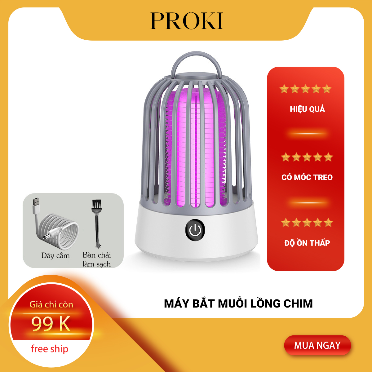 Đèn bắt muỗi lồng chim Proki có móc treo tiện lợi - Máy bắt muỗi thiết kế 360 độ hiệu quả an toàn cho cả nhà