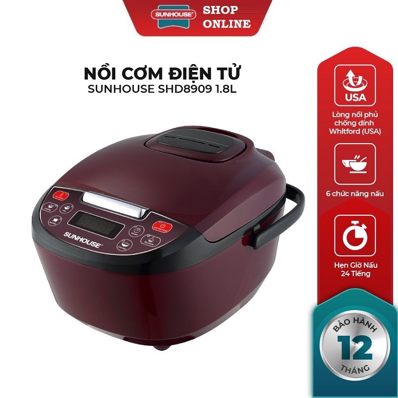 Nồi cơm điện tử sunhouse shd8909 - nồi cơm điện tử có hẹn giờ nấu 24h - dung tích 1.8 lít - sunhouse shop online