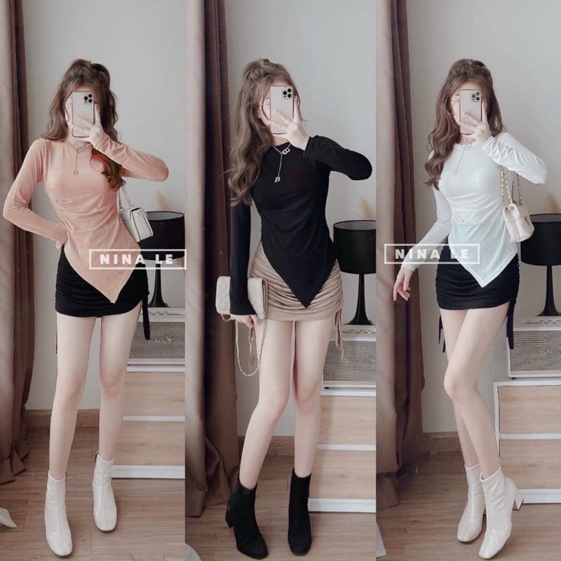 [Free ship] Set áo thun kiểu tà nhọn tay dài kèm chân váy rút dây 2 bên, chất vải thun borip loại 1, Free size dưới 53kg