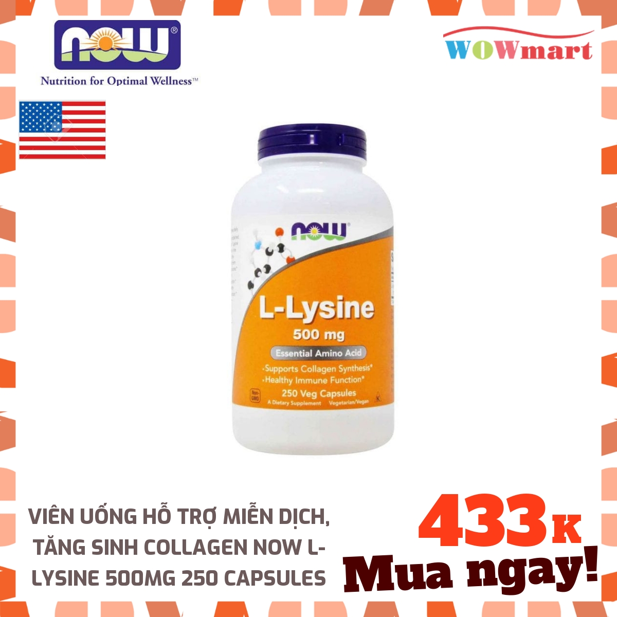 Viên uống hỗ trợ miễn dịch tăng sinh Collagen Now L-Lysine 500mg 250 Capsules