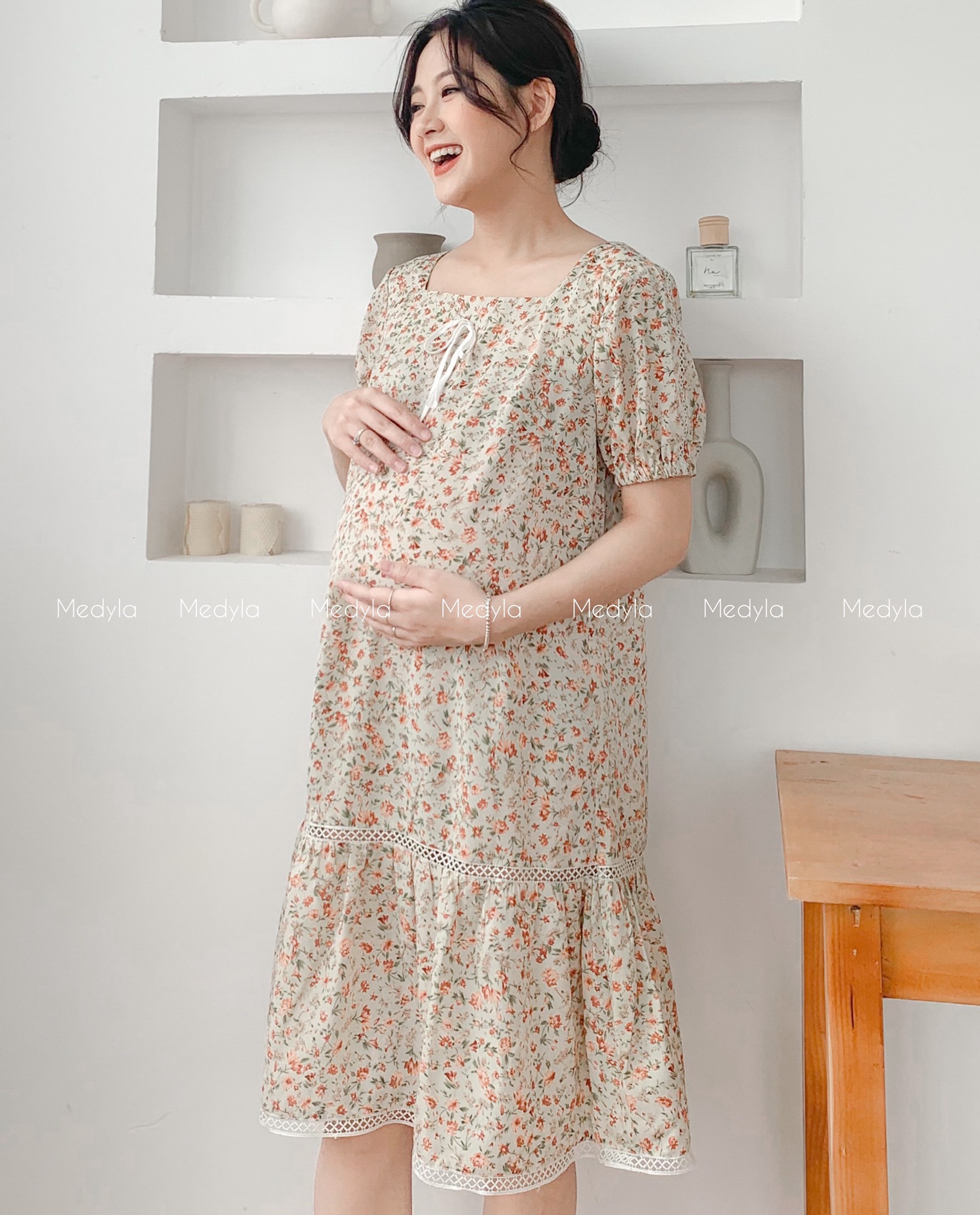 Váy bầu mùa hè 1 lớp tơ lót lụa cho bầu tự tin đi chơi, du lịch - Đầm bầu dự tiệc thiết kế Medyla - VS657