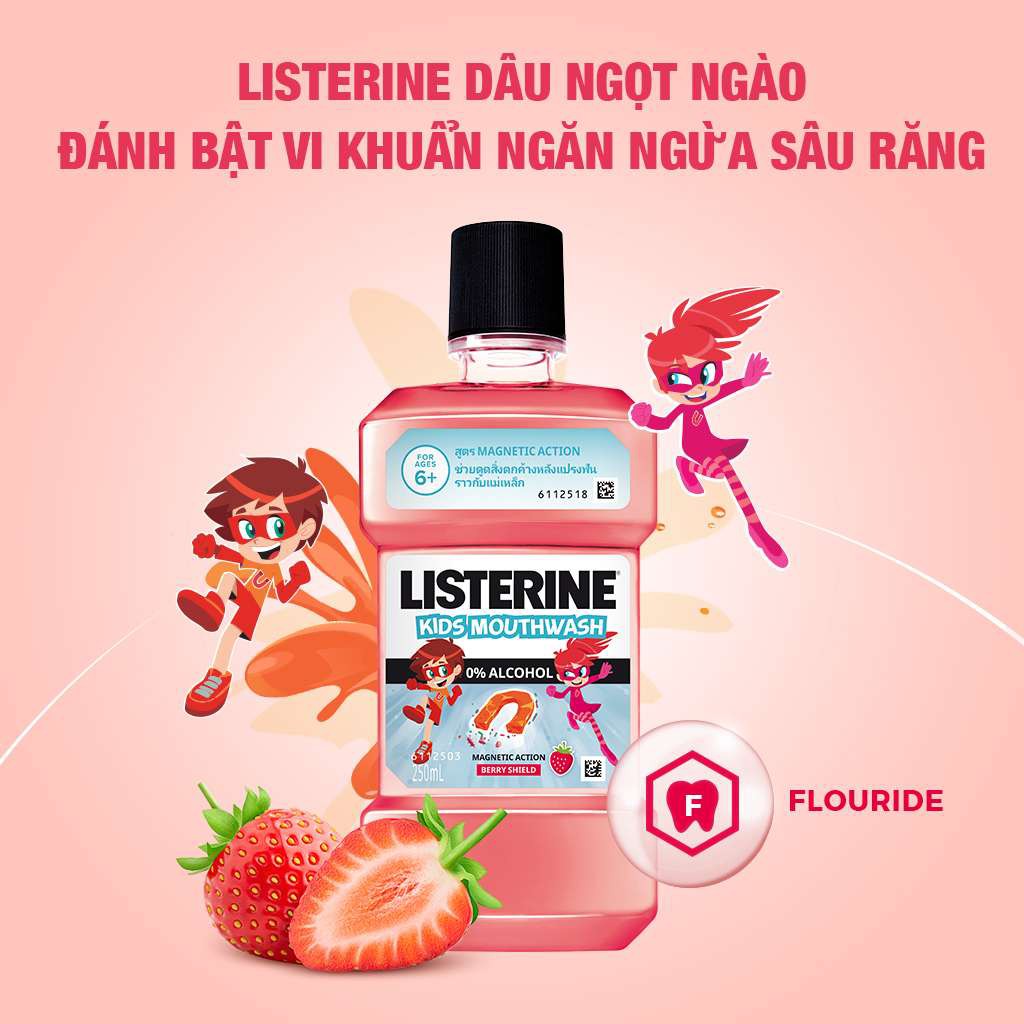 [HCM]Nước súc miệng Listerin dâu cho bé 250ml | Nước súc miệng cho trẻ em không cay | Listerin cho bé | Listerine vị dâu