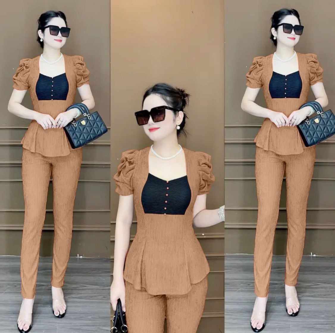 Sét bộ dài quần ống ôm - áo đính cườm trước ngực - thun xốp