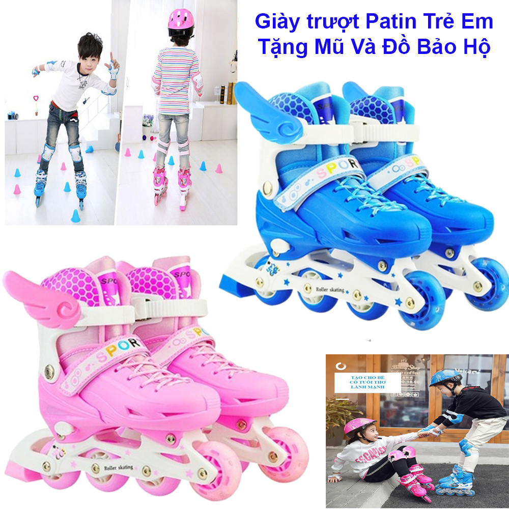 [ TẶNG MŨ VÀ ĐỒ BẢO HỘ - MIỄN PHÍ GIAO HÀNG ] Giày Patin Cho Trẻ Em, tặng mũ và đồ bảo hộ (5 đến 14 tuổi), Bánh Cao Su Phát Sáng, An Toàn CHo Trẻ Em, Giày Trượt Patin Trẻ Em Cao Cấp. (SIZE S 28-32, M 33-37, L 38-42)